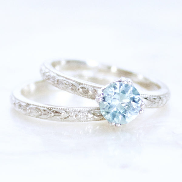 Engraved Natural Blue Zircon and Sterling Silver Bridal Set