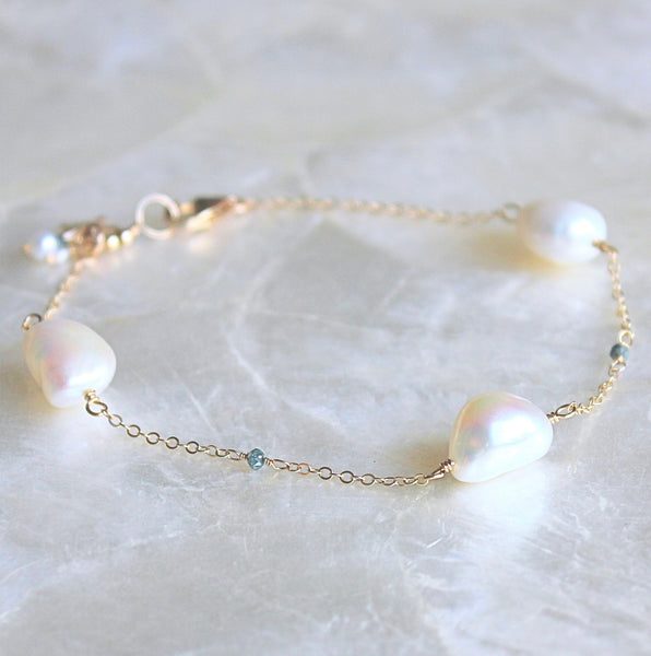 Faceted Blue Diamond and Baroque Pearl Station Bracelet