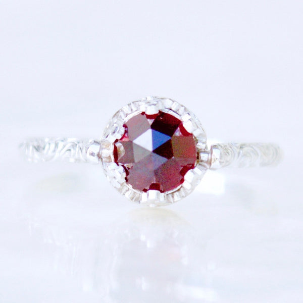 Discreet Victorian Style Mourning Ring in Sterling Silver with Rose Cut Garnet