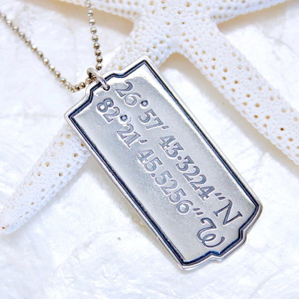 Latitude and Longitude Dog Tag Necklace in Sterling Silver