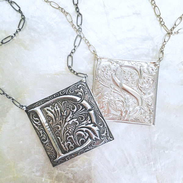 Ornate Goudy Cloister Initial Necklace in Sterling Silver