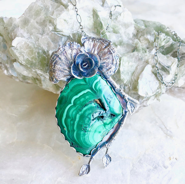 One of Kind Sterling Silver Malachite Lichen Twig & Succulent Necklace 